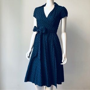 Banana Republic Navy Grey Eyelet 100% Cotton Wrap A-Line Full Skirt Dress - S/4